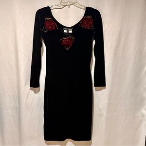 Vintage Betsey Johnson Black Velvet Dress with Red Rose Accents